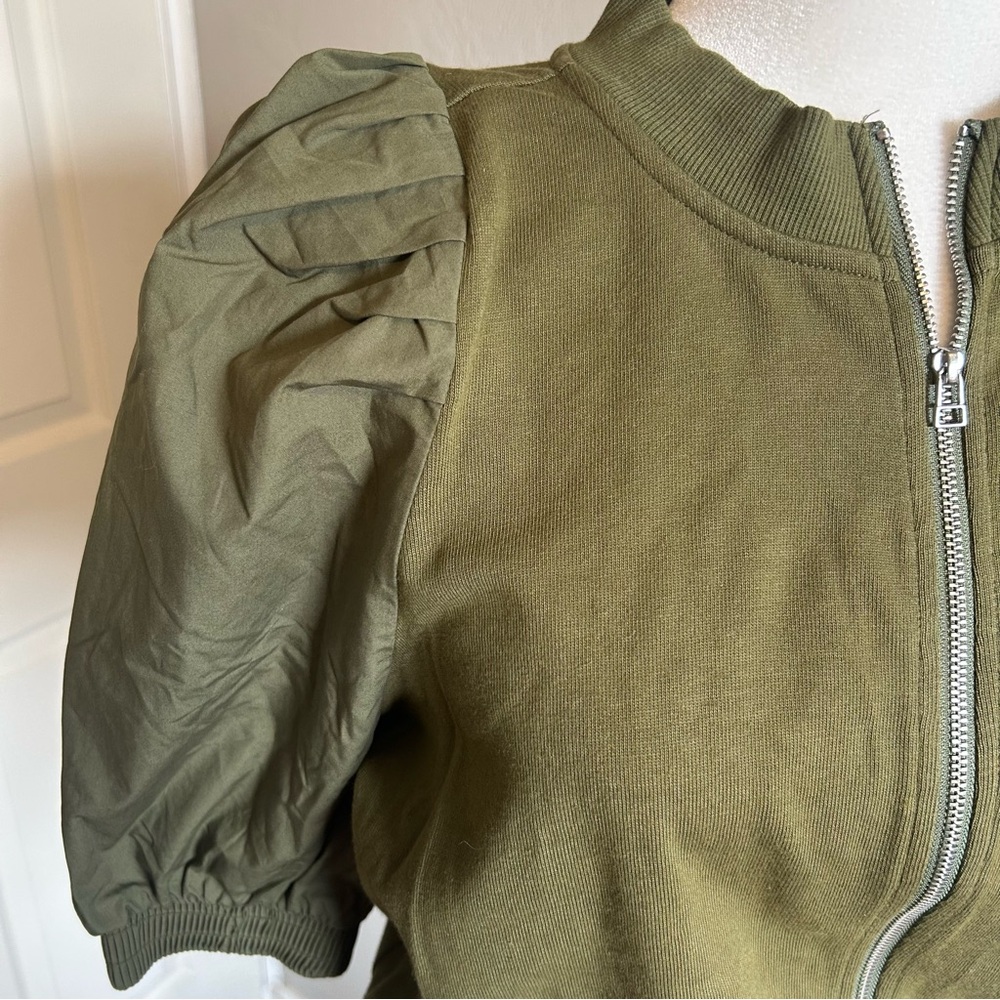 Maeve Anthropologie Olive green Puff Sleeve bomber Jacket top NEW - Picture 5 of 7